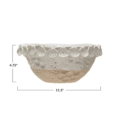 11.5" White Coastal Stoneware Bowl with Shell Trim