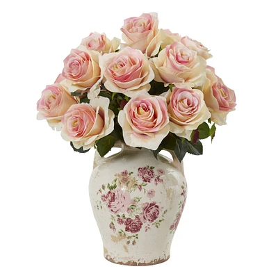 16" Pink Rose Arrangement in Flower Printed Vase