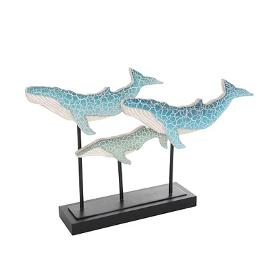 20" Blue Wooden Whale Textured Sculpture with Black Metal Stand