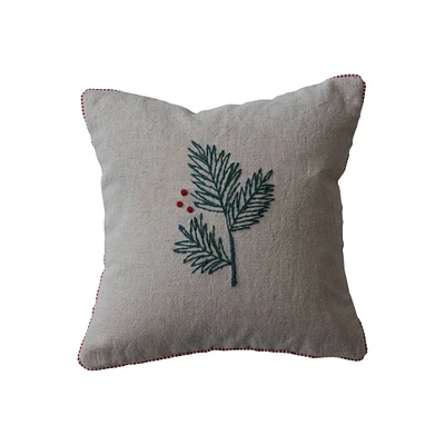 12" Hand-Embroidered Holly Cotton & Linen Throw Pillow with Blanket Stitch Edge