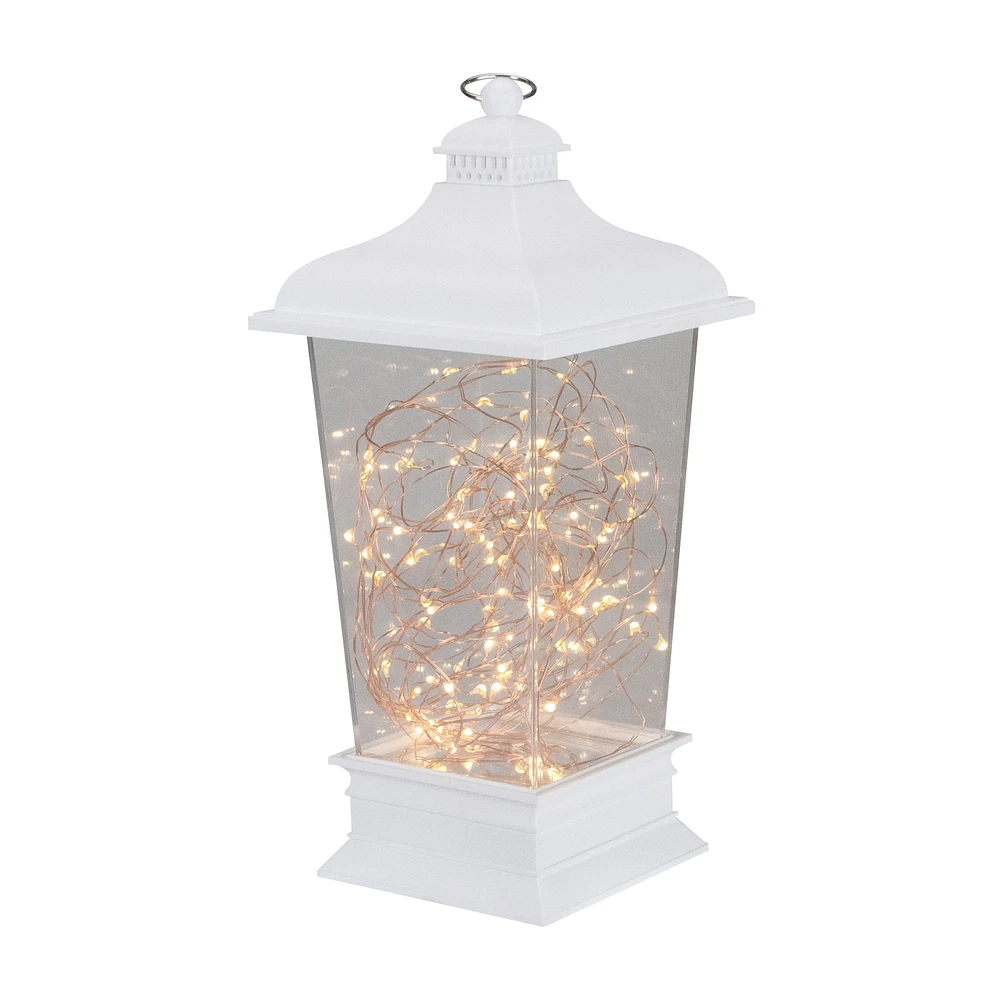 12" Battery Operated White Tapered Lantern with Rice Lights