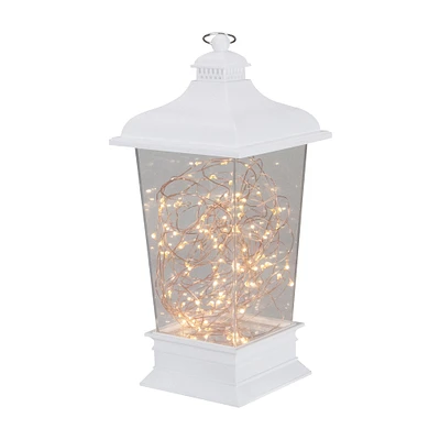 12" Battery Operated White Tapered Lantern with Rice Lights