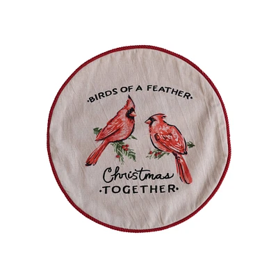 16" Red & White Birds of a Feather Christmas Together Round Cotton Printed Pillow Cover & Insert