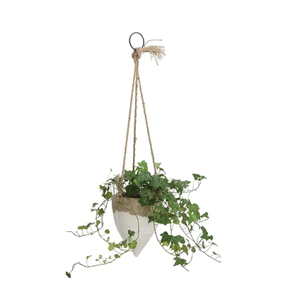 8.5" White Stoneware Hanging Planter with Jute Rope