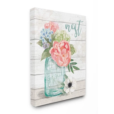 Stupell Industries Nest Grow Flower Jar Rustic Wood Textured Word Design Canvas Wall Art