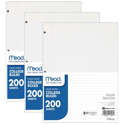 8 Packs: 3 Packs 200 ct. (4,800 total) Mead® College Ruled 8" x 10.5" Notebook Filler Paper