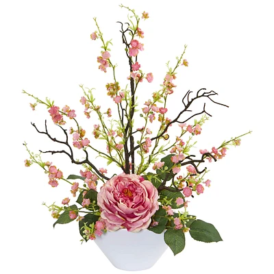 23" Rose & Cherry Blossom Arrangement in White Planter