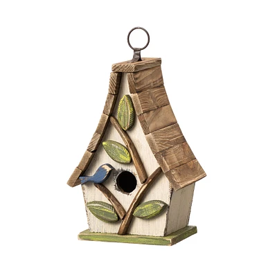Glitzhome® 9.5" White Distressed Wood Birdhouse with Leaves