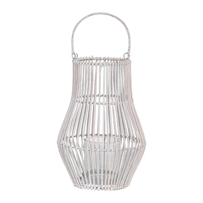 11.7" Whitewashed Round Hand-Woven Bamboo Lantern with Handle & Glass Insert