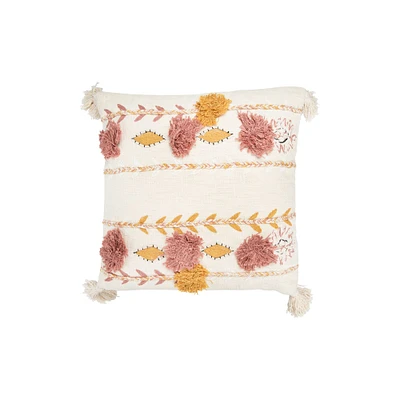 White Embroidered & Appliqued Pillow with Pom Poms & Tassels