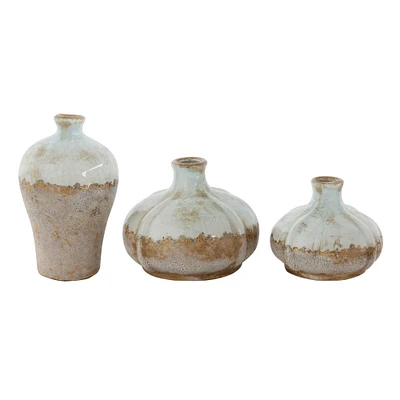 Distressed Finish Brown & White Terracotta Vase Set