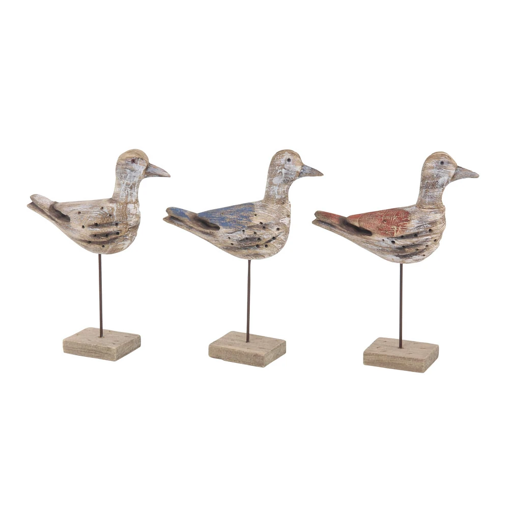 Set of 3 Brown Wood Coastal Bird Sculpture, 11" x 14"