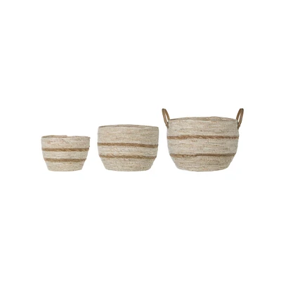 Beige & Brown Maize Baskets with Leather Handles Set