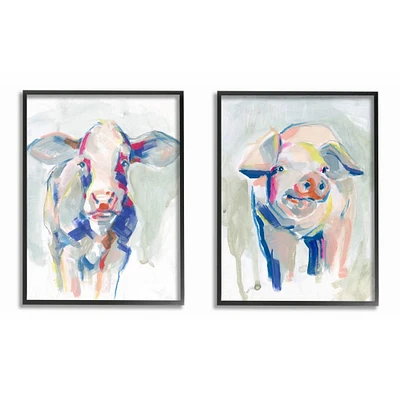 Stupell Industries Colorful Cow And Pig Farm Animal Paintings in Black Frame Wall Art
