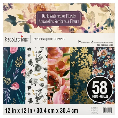 Dark Watercolor Florals Paper Pad by Recollections™, 12" x 12"