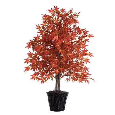 4ft. Artificial Orange Maple Bush with Rattan Basket