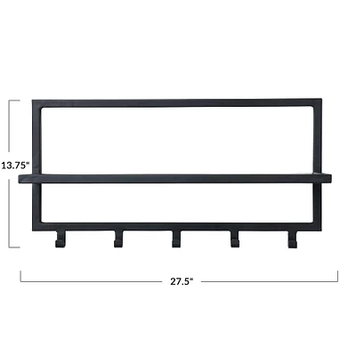 Black Metal & Wood Wall Shelf with 5 Hooks