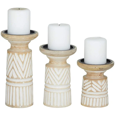 Light Brown Mango Wood Carved Tribal Pillar Candle Holder Set