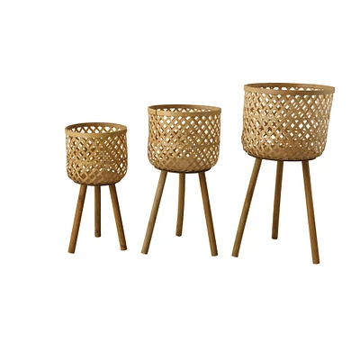 Woven Bamboo Floor Baskets with Wood Legs Set