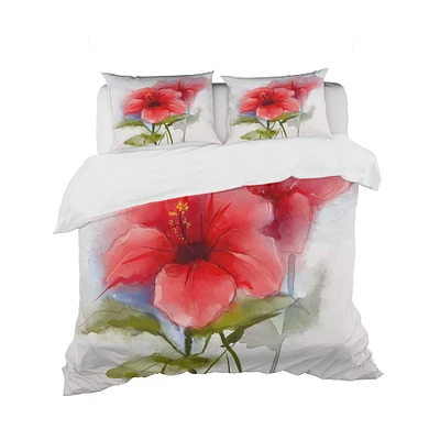Designart 'Watercolor Painting Red Hibiscus Flower' Traditional Bedding Set - Duvet Cover & Shams