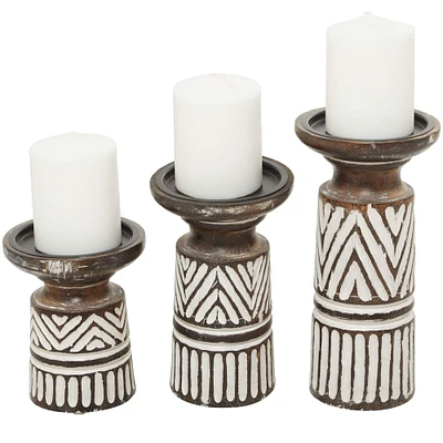 White Mango Wood Tribal Pillar Candle Holder Set