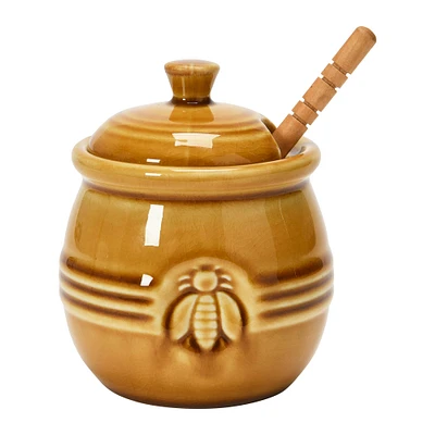 Amber Orange Farmhouse Embossed Stoneware Honey Pot with Wood Honey Dipper