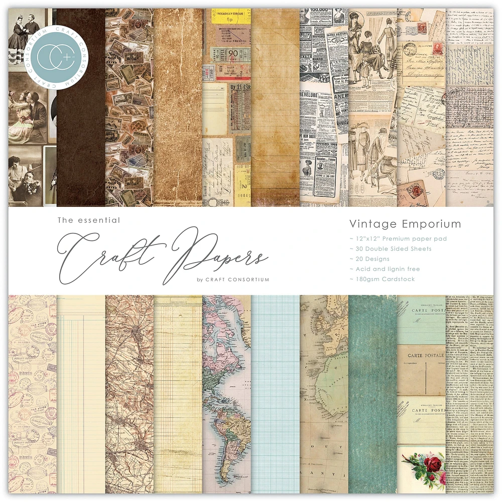 Craft Consortium Vintage Emporium Double-Sided Paper Pad, 12" x 12"