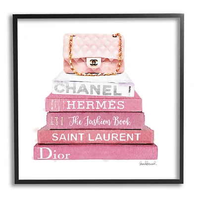 Stupell Industries Pink Book Stack Fashion Handbag in Frame Wall Art