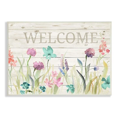 Stupell Industries Welcome Sign Spring Wildflower Meadow Rustic Pattern Wall Plaque