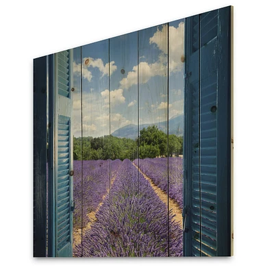 Designart - Lavender Field Through Blue Open Cottage Window - Farmhouse Print on Natural Pine Wood
