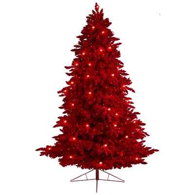 8ft. Pre-Lit Red Flocked Fraser Fir Artificial Christmas Tree, Red Lights