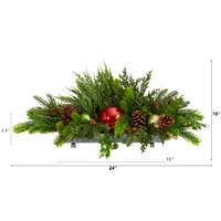 24" Cedar Pine, Pinecones & Ornaments Artificial Christmas Arrangement in Tin Vase