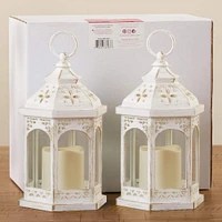 Kate Aspen White LED Hexagon Distressed Lantern Set