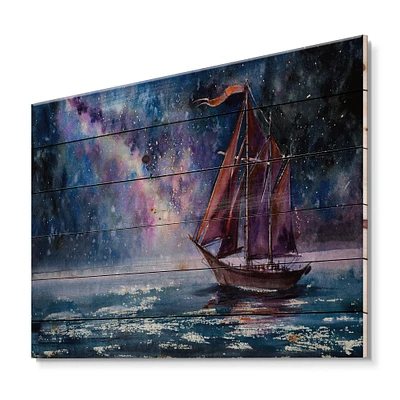 Designart - Wooden Sailboat With Red Sails & Bright Night Sky