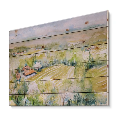 Designart - Blossoming Green Fields In Countryside - Country Print on Natural Pine Wood