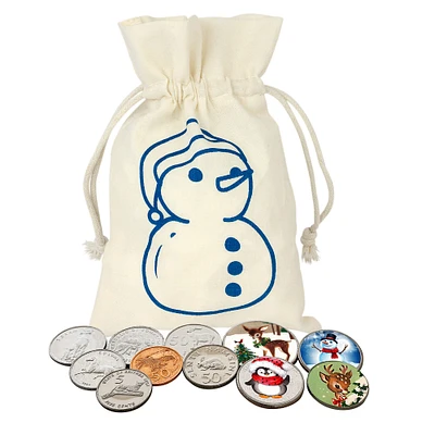 Animal Coins From Around The World And Colorized Christmas Coins In Snowman Canvas Bag