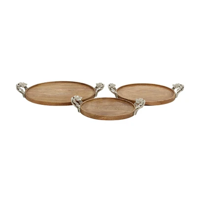 Brown Round Mango Wood Farmhouse Tray Set