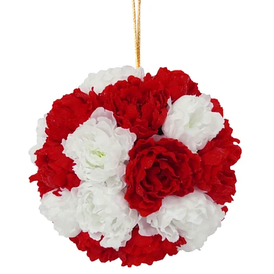 12.6" Red & White Glittery Peony Hanging Ball