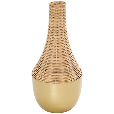 15" Brown & Gold Rattan Handmade Woven Vase