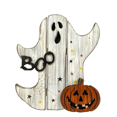 13" Ghost with Jack-O-Lantern Wooden Halloween Boo Sign