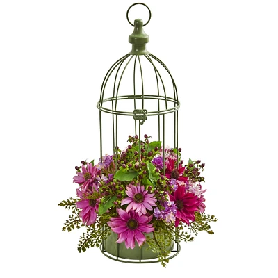 19" Pink Daisy Arrangement in Decorative Bird Cage