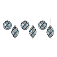 6ct. Silver & Blue Glitter Net Glass Mixed Ornaments