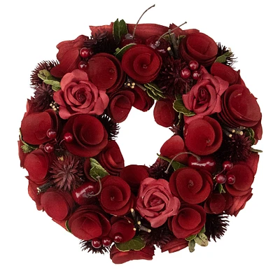 Red Wooden Rose and Berry Artificial Wreath 9.5" Unlit