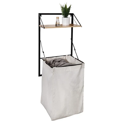 Honey Can Do Black & Maple Collapsible Wall-Mounted Hamper with Laundry Bag & Shelf