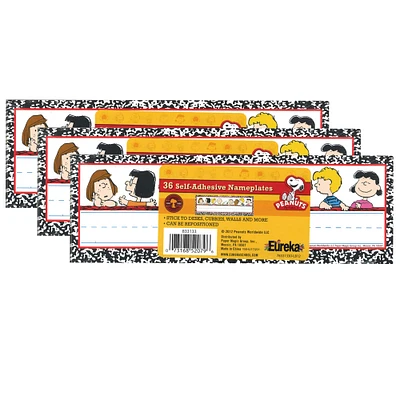 Eureka® Peanuts® Classic Characters Self-Adhesive Name Plates, 3 Packs of 36