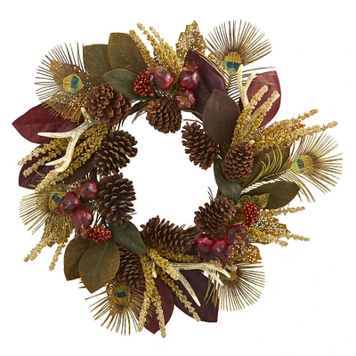 27" Magnolia Leaf, Berry, Antler & Peacock Feather Wreath