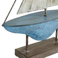 Set of 2 Blue Metal Coastal Sail Boat Sculpture, 17", 16"