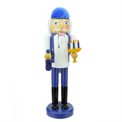 14" Blue & White Wooden Hanukkah Nutcracker with Menorah and Dreidel