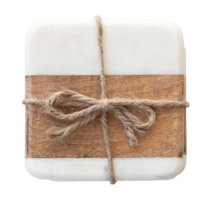 White Marble & Acacia Wood Coasters Set