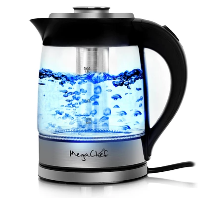 MegaChef 1.8L Cordless Glass & Stainless Steel Electric Tea Kettle with Tea Infuser